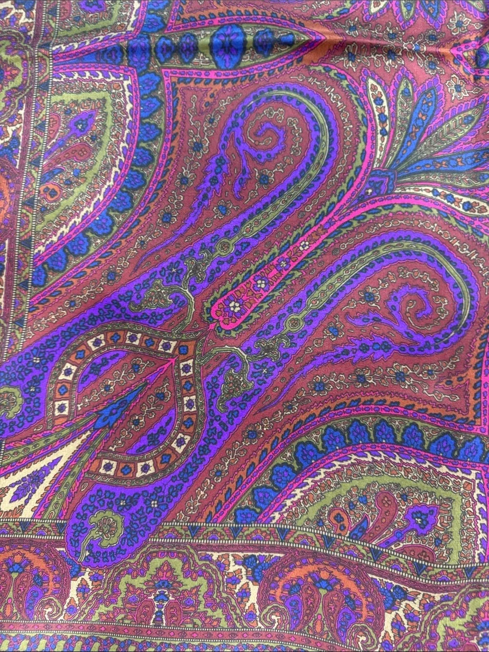Paisley, print square silk scarf, purple, burgundy, blue pink green
